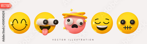 Set Icon Smile Emoji. Realistic Yellow Glossy 3d Emotions face happy smile, funny, cute, satisfied, surprised, mouth shut, stupid. Pack 25. Vector illustration