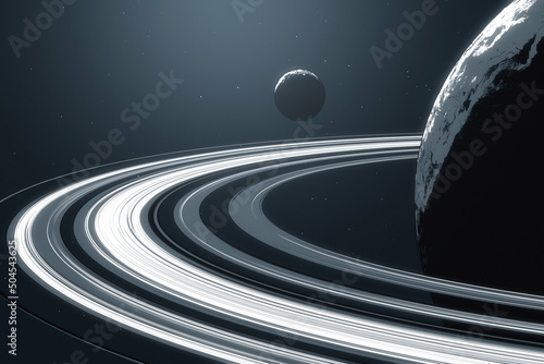 Moon in space near ringed planet