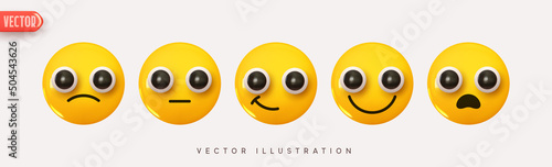 Set Icon Smile Emoji. Realistic Yellow Glossy 3d Emotions face happy satisfied smile, neutral, stunned surprised. Pack 24. Vector illustration