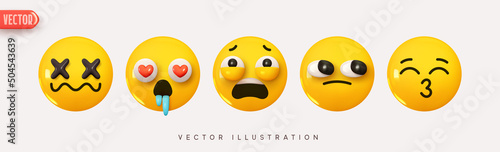 Set Icon Smile Emoji. Realistic Yellow Glossy 3d Emotions face suffers, kiss, in love, incomprehensibly does not understand, dizzy is silent. Pack 26. Vector illustration