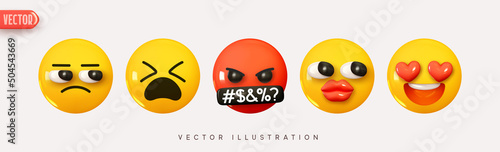 Set Icon Smile Emoji. Realistic Yellow Glossy 3d Emotions face cry is dissatisfied, the symbol is over mouth, the eyes in love are the heart. Pack 28. Vector illustration