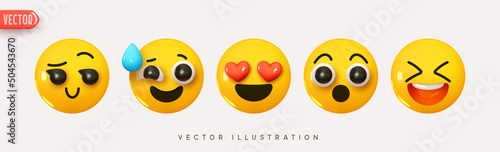 Set Icon Smile Emoji. Realistic Yellow Glossy 3d Emotions face surprised, romantic, loud laughter, nervous experience, calm. Pack 30. Vector illustration
