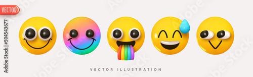Set Icon Smile Emoji. Realistic Yellow Glossy 3d Emotions face happy smile with rainbow puke. multicolored vomiting. Pack 29. Vector illustration
