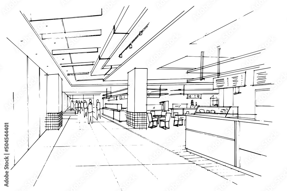 sketch-drawing-of-a-food-court-corridor-area-and-food-counter-modern