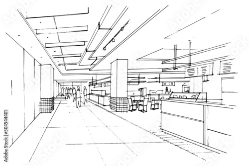 Sketch drawing of a food court corridor area and food counter,Modern design,vector,2d illustration