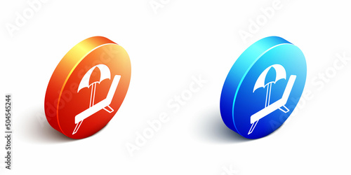 Isometric Sunbed icon isolated on white background. Beach umbrella and Sun lounger. Orange and blue circle button. Vector