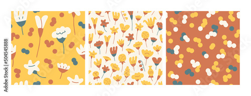 Set of simple floral seamless patterns. Colorful meadow plants vector backgrounds. Botanical collection.