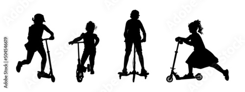 Set silhouettes of children on scooter.Boy and girl rolls scooter.Kids active outdoor fun,leisure,relaxation and entertainment concept.Rental scooter and idea of city eco transport.Vector illustration
