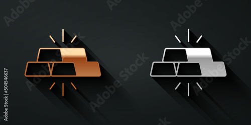 Gold and silver Gold bars icon isolated on black background. Banking business concept. Long shadow style. Vector
