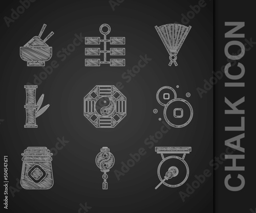 Set Yin Yang, Gong, Chinese Yuan currency, Jar of honey, Bamboo, Paper chinese folding fan and Rice bowl with chopstick icon. Vector