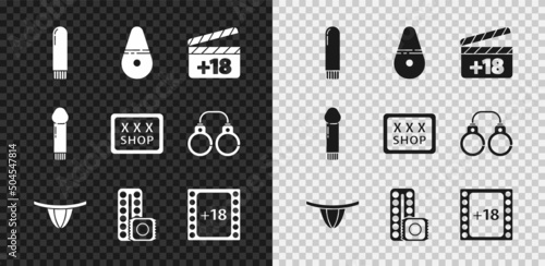 Set Dildo vibrator, Movie clapper with 18 plus content, Woman panties, Birth control pills and condom, Play Video, and Sex shop icon. Vector