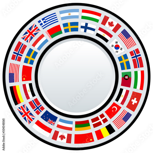 Business icon with international flags around, ring with flags on white with copy space vector business concept symbol.