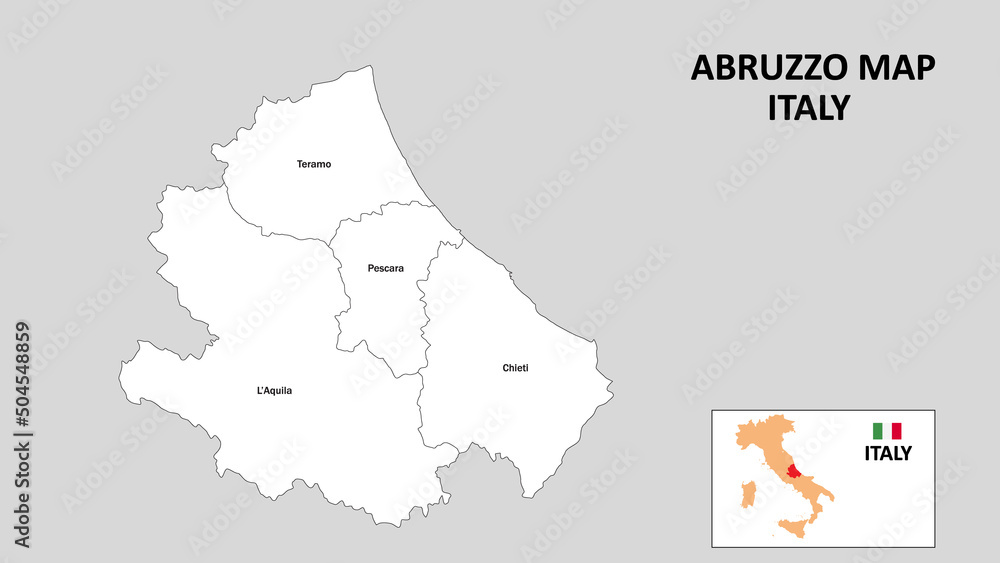 Abruzzo Map. State and district map of Abruzzo. Administrative map of Abruzzo with district and capital in white color.