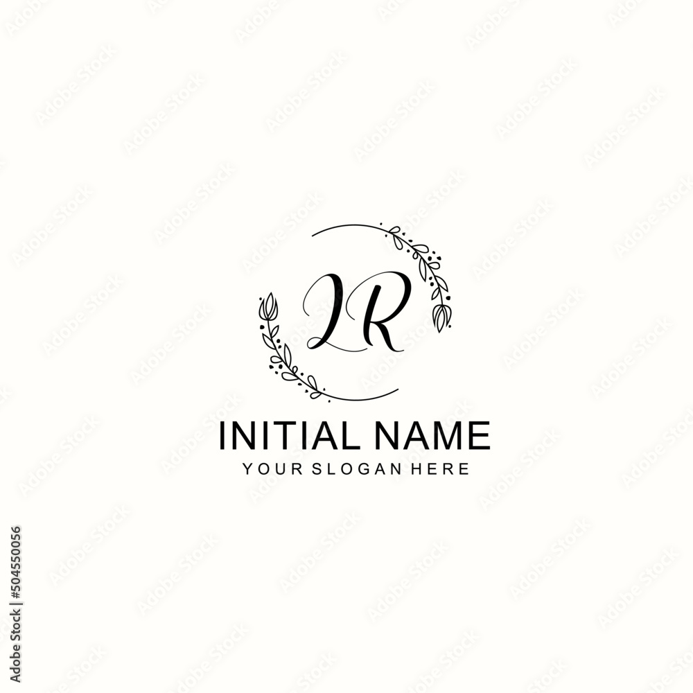 Initial letter LR handwriting with floral frame template