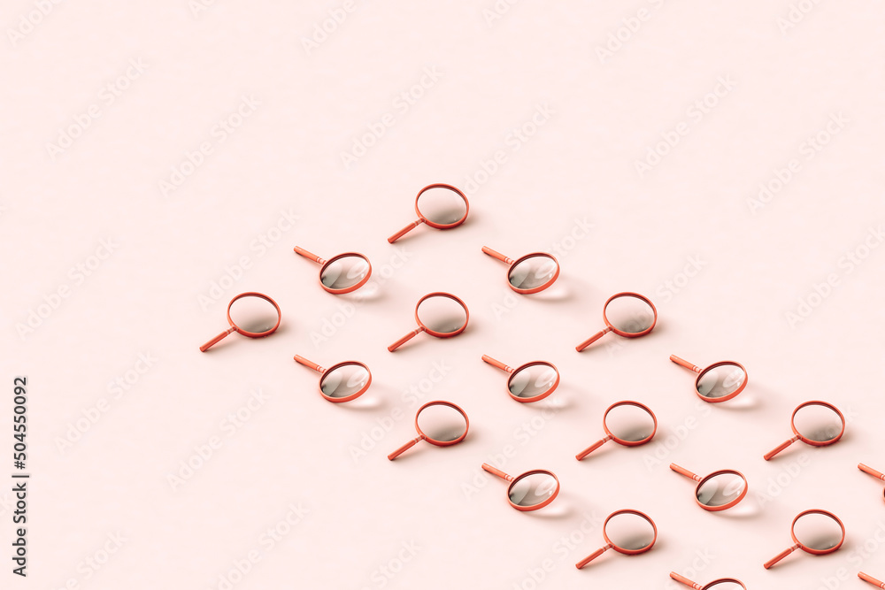 © Giada Canu/Stocksy - magnifying glass in rows. 3d render with copy space. © Giada Canu/Stocksy - magnifying glass in rows. 3d render with copy space.