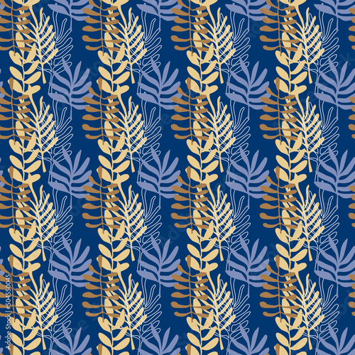 Seamless pattern for textile and wallpapers with naive hand drawn doodle leaves. Matisse style organic elements.