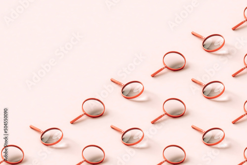 pink magnifying glasses with copy space. 3d render