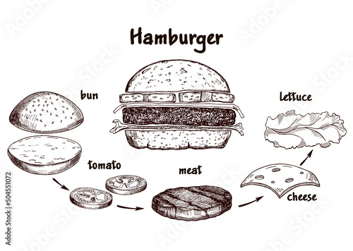Burger and Burger Ingredients. Crispy cutlet with isolated elements. Sketch illustration of components and elements of hamburger products. Fast Food Menu Builder Vector