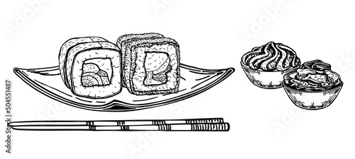 Set for sushi, soy sauce ginger wasabi with chopstick. Isolated sketch on white background.