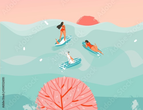 Hand drawn vector stock abstract graphic illustration with a swimming surfer girls in ocean waves landscape and sundown view isolated on blue background.
