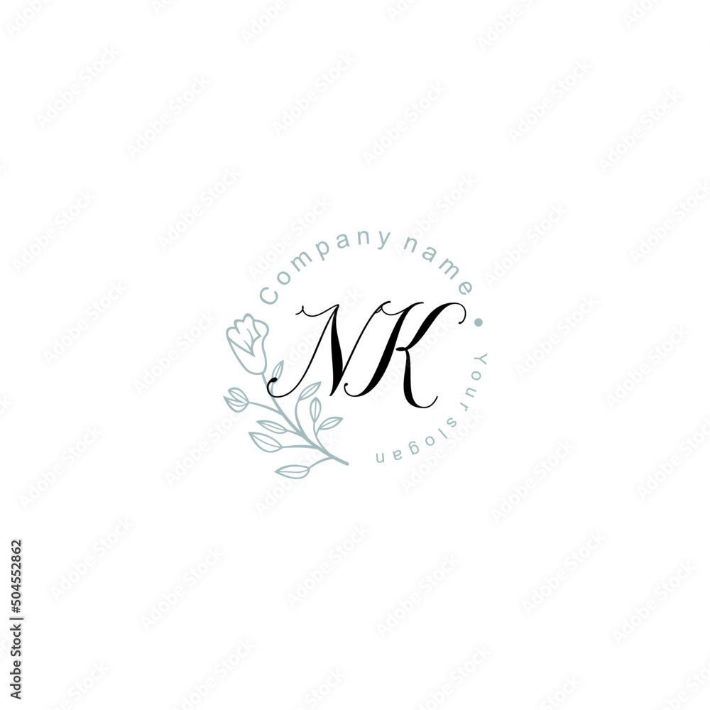 Initial letter NK handwriting with floral frame template
