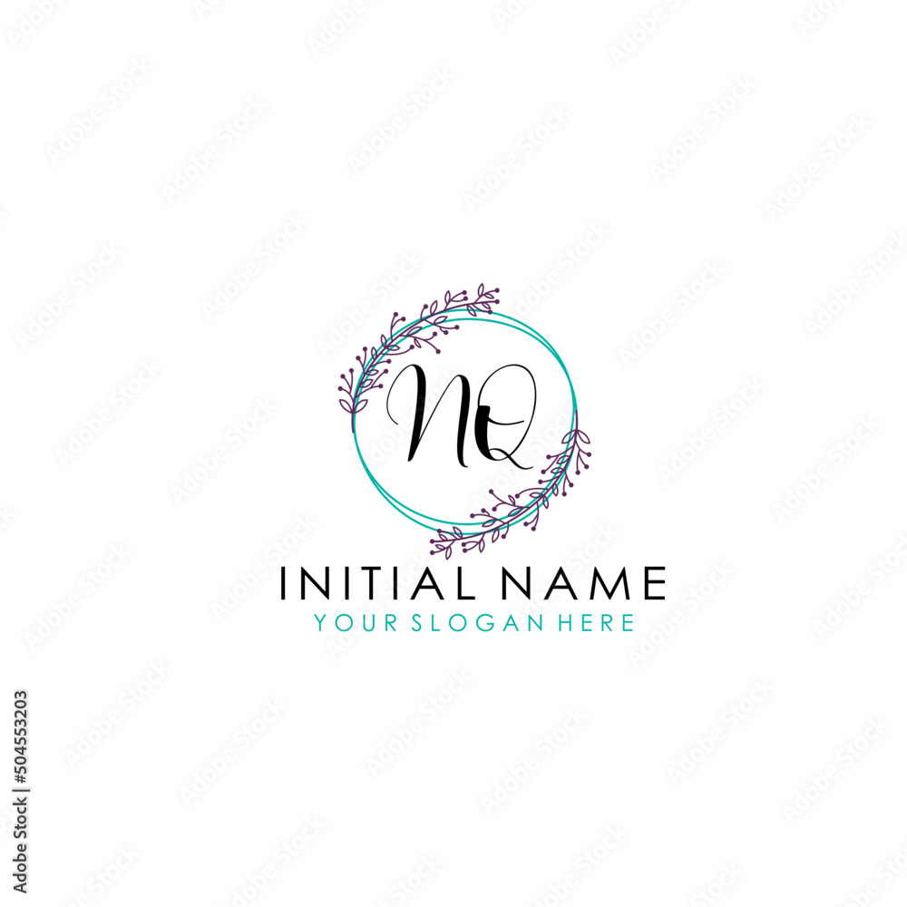 Initial letter NQ handwriting with floral frame template