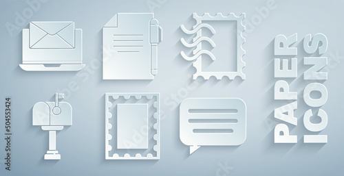 Set Postal stamp, Mail box, Speech bubble chat, Document and pen and Laptop with envelope icon. Vector