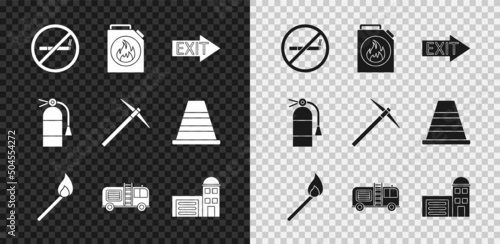 Set No Smoking, Canister for flammable liquids, Fire exit, Burning match with fire, truck, Building of station, extinguisher and Pickaxe icon. Vector