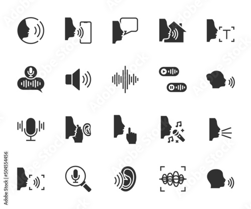 Vector set of voice flat icons. Contains icons voice control, sound, whisper, shout, voice message, singing, sound wave, voice recognition and more. Pixel perfect.