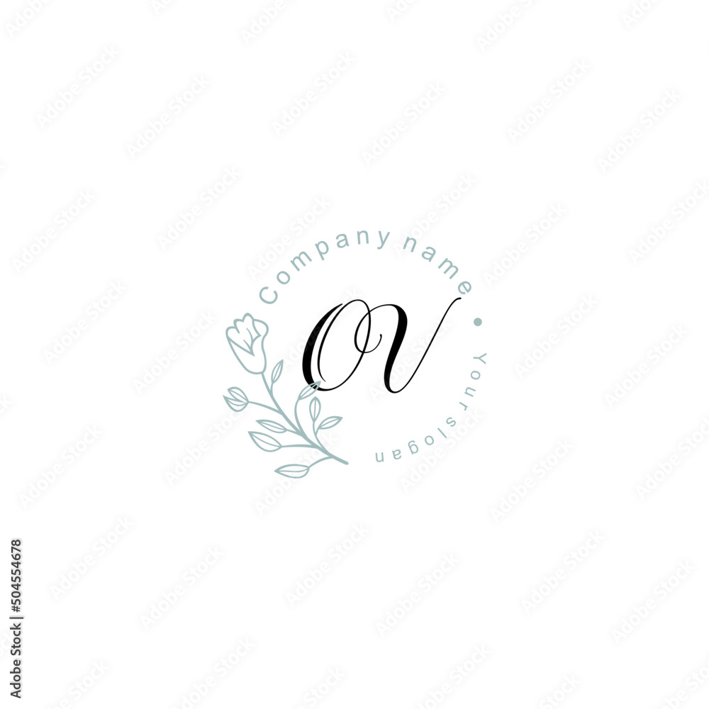 Initial letter OV handwriting with floral frame template