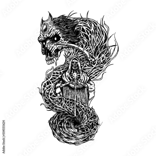 horror death metal hand drawn illustration for t shirt design
