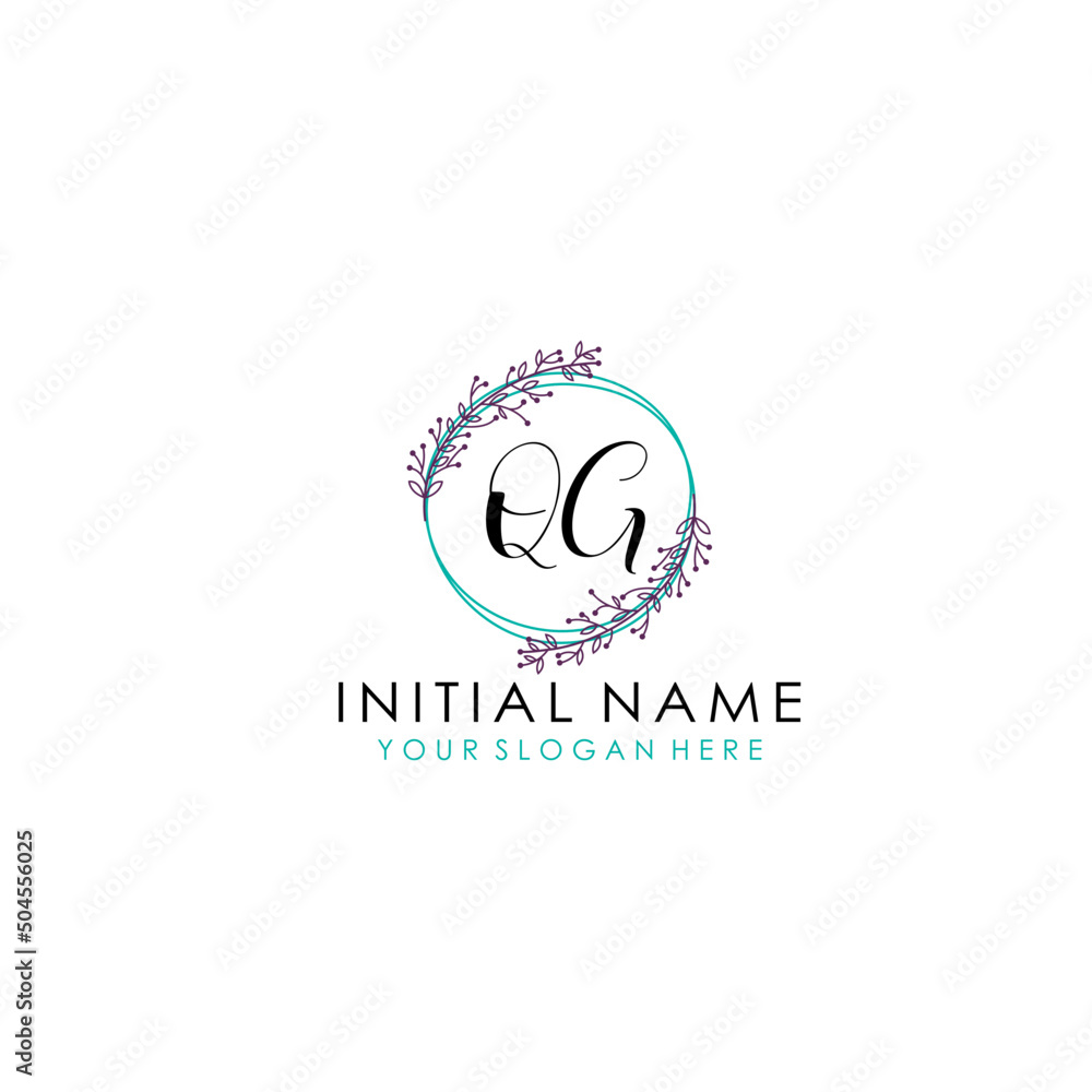 Fototapeta premium Initial letter QG handwriting with floral frame template