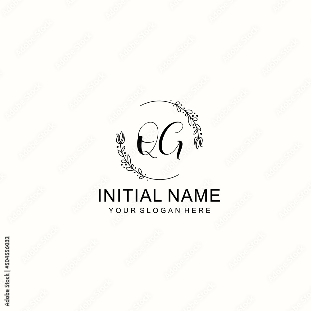 Initial letter QG handwriting with floral frame template