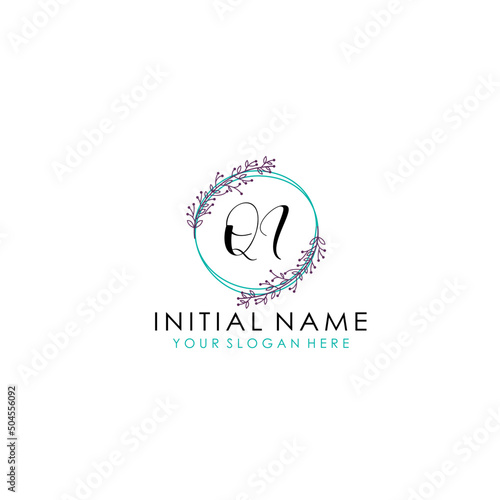 Initial letter QI handwriting with floral frame template