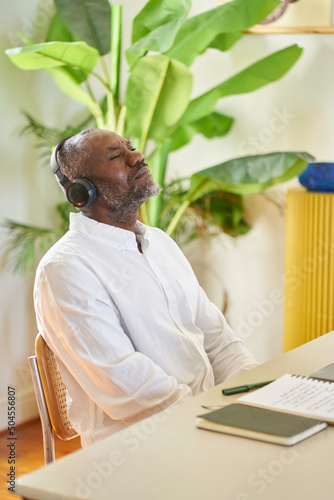 meditating to music at home office