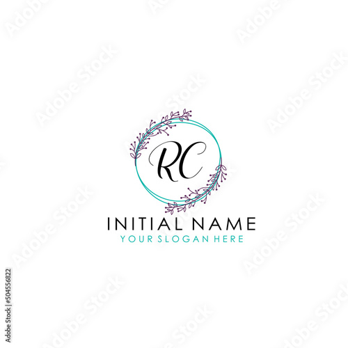 Initial letter RC handwriting with floral frame template