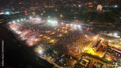 Aerial drone shot of crowd at Minar E Pakistan. Huge people listening to Imran Khan.