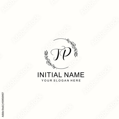 Initial letter TP handwriting with floral frame template