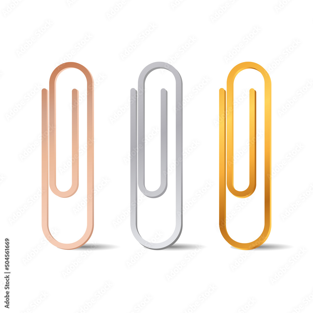 Set of silver, gold and pink metallic realistic paper clip Set of silver, gold and pink metallic realistic paper clip