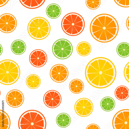 Colorful citrus seamless pattern. Slices of orange, lime, lemon, grapefruit on white background. Fresh juicy fruits. Vector template for wrapping paper, fabric, textile, wallpaper, scrapbooking, etc