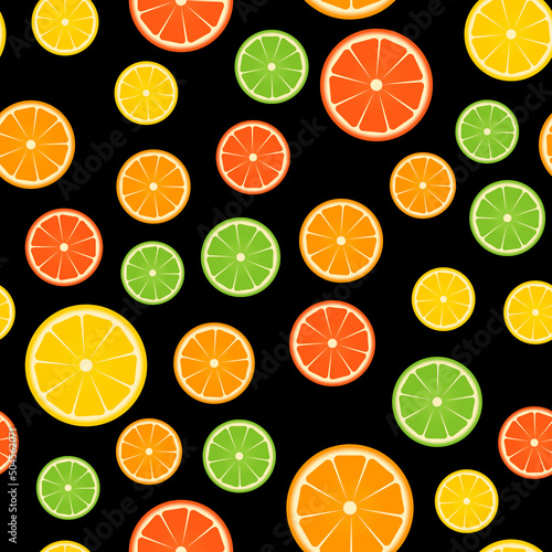 Colorful citrus seamless pattern. Slices of orange, lime, lemon, grapefruit on black background. Fresh juicy fruits. Vector template for wrapping paper, fabric, textile, wallpaper, scrapbooking, etc