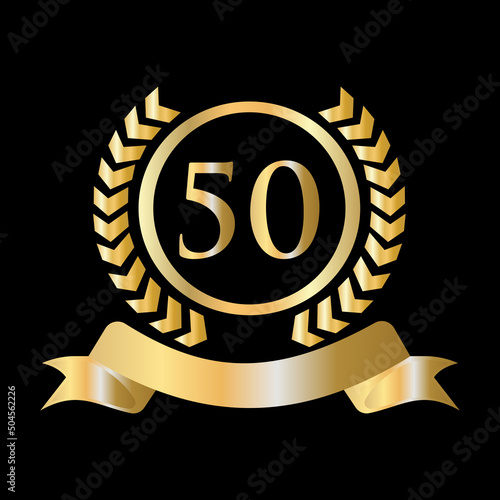 Fifty, 50 Years Anniversary Celebration Gold and Black Template. Luxury Style Gold Heraldic Crest Logo Element Vintage Laurel Vector