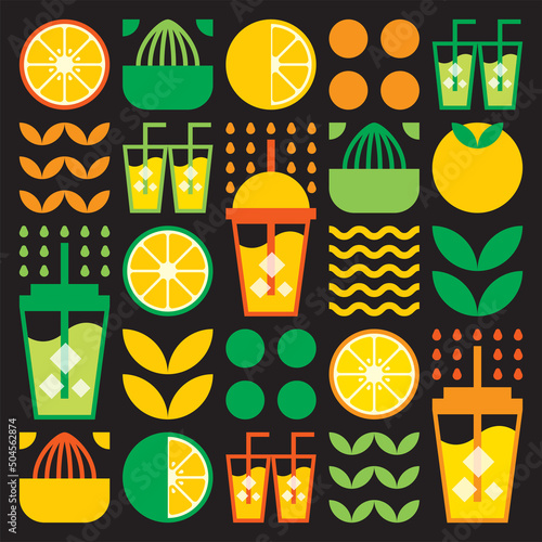 Simple flat illustration of abstract shapes of citrus fruits, lemons, grapefruit, lemonade, limes, leaves and other geometric symbols. Fresh juice ice drink icon in glass, and plastic cup with straw.