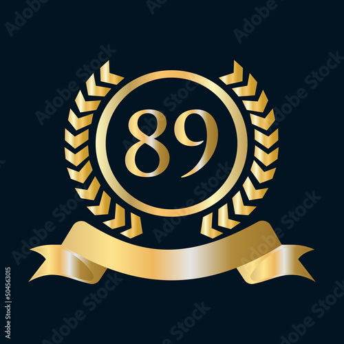 Eighty Nine, 89 Years Anniversary Celebration Gold and Black Template. Luxury Style Gold Heraldic Crest Logo Element Vintage Laurel Vector photo
