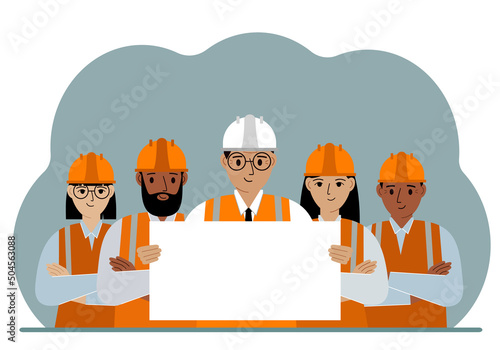 Man engineer team and construction team holding a blank sheet of paper. Concept of builder, engineer, planner or designer.