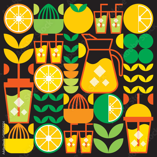 Simple flat illustration of abstract shapes of citrus fruits, lemons, lemonade, limes, leaves and other geometric symbols. Fresh orange juice ice drink icon with glass, jug, straw and plastic cup.