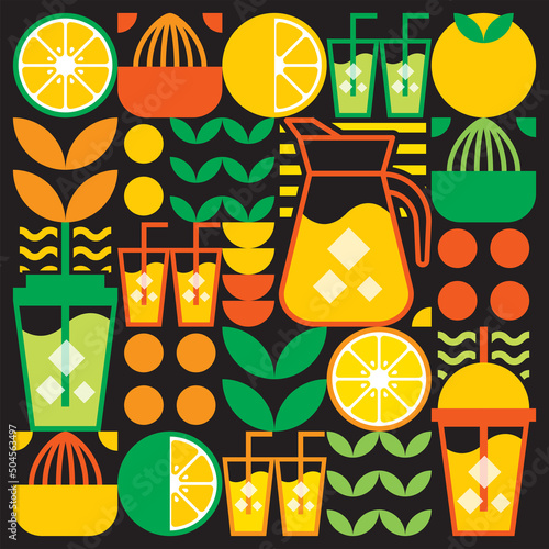 Simple flat illustration of abstract shapes of citrus fruits, lemons, lemonade, limes, leaves and other geometric symbols. Fresh orange juice ice drink icon with glass, jug, straw and plastic cup.