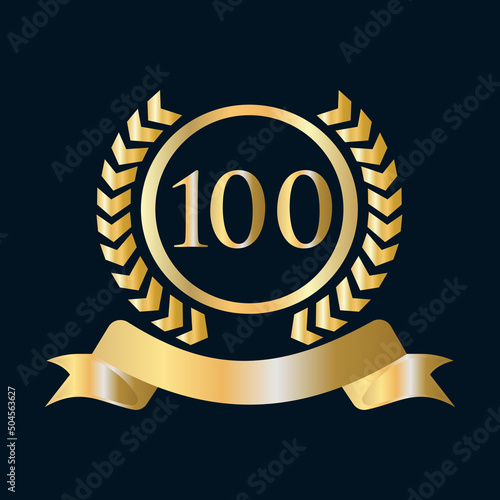 100th Anniversary Celebration Gold and Black Template. Luxury Style Gold Heraldic Crest Logo Element Vintage Laurel Vector