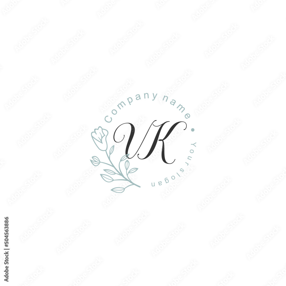 Initial letter VK handwriting with floral frame template