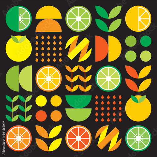 Abstract artwork of orange fruit symbol icon. Simple vector art, geometric illustration of colorful citruses, lemons, lemonade, limes and leaves. Minimalist citrus flat design on black background.